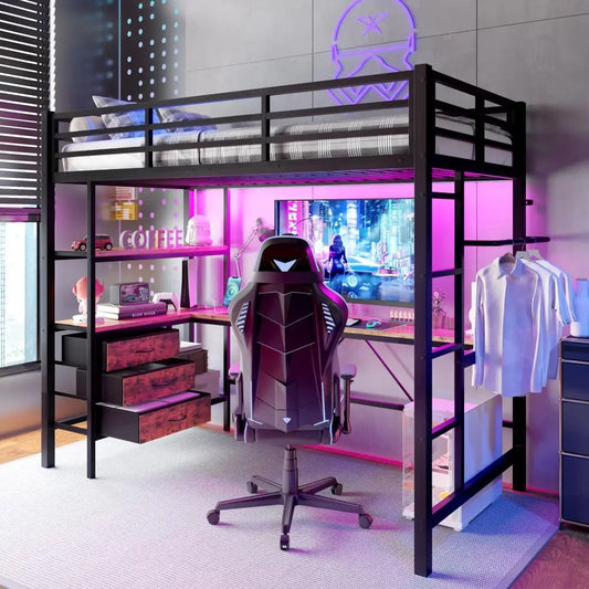 Colchón Wyibwy Cama Alta 90x200 cm con iluminación LED, Enchufe + USB, litera Individual de Metal 90x200 con Escritorio y 3 cajones, negro