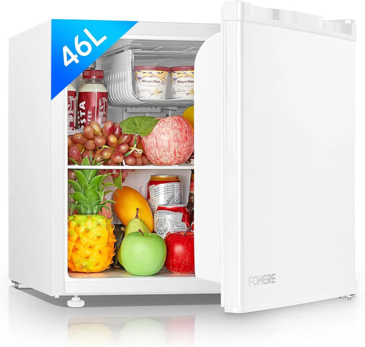 Frigorífico FOHERE Mini Frigorífico Bar 46L, Nevera Pequeña Silencioso, Control de Temperatura Regulable, Mono Puerta, Puerta Reversible, blanco