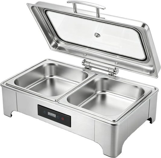 Generic Juego de Calentadores de Alimentos Tipo Buffet de Acero Inoxidable de 2.38 galones con Tapa Transparente y Panel táctil para Eventos, plata