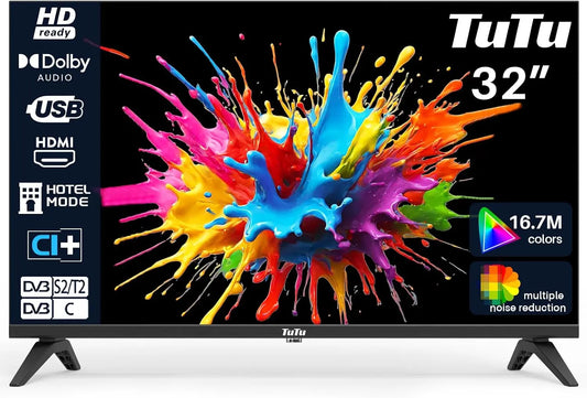 Televisor TuTu TV 32 Pulgadas LED HD Sin Marco Televisor con Sintonizador Digital DVB-T/T2-C-S/S2, HDMI, USB Grabador Reproductor, negro