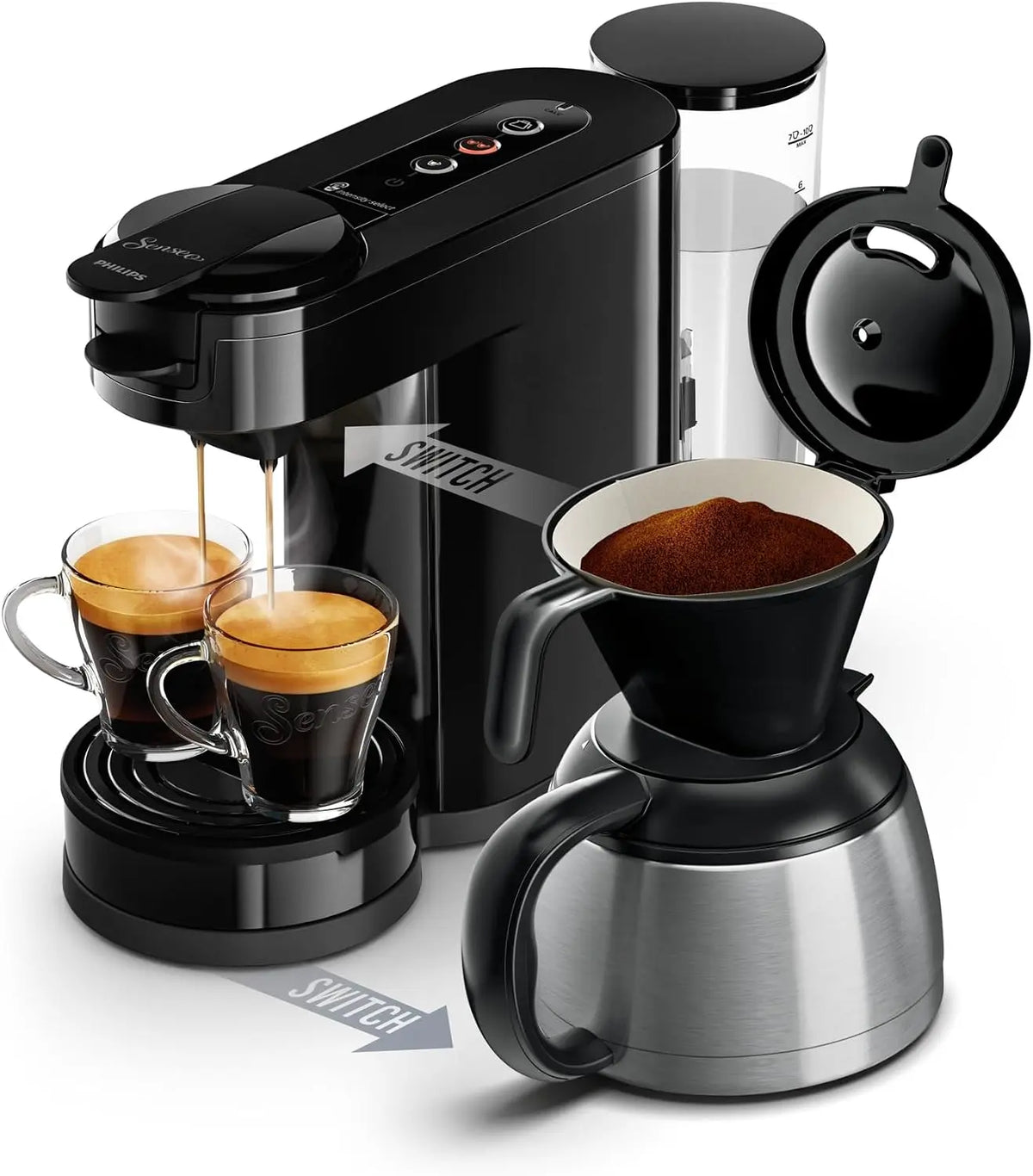 Cafetera Philips HD6592/65 SENSEO Switch Cafetera con cápsulas y filtro, tecnología 2 en 1, depósito de agua, 7 tazas en una sola vez, negro