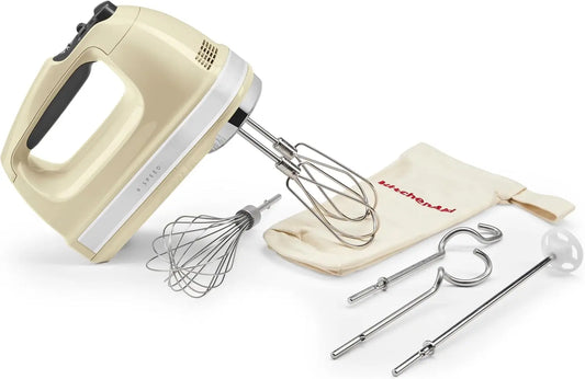 Batidora KitchenAid de Mano 9 Velocidades, Motor DC 85W con Arranque Suave, 6 Accesorios - Batidores, Varilla, Ganchos y Varilla Mezcladora, beis