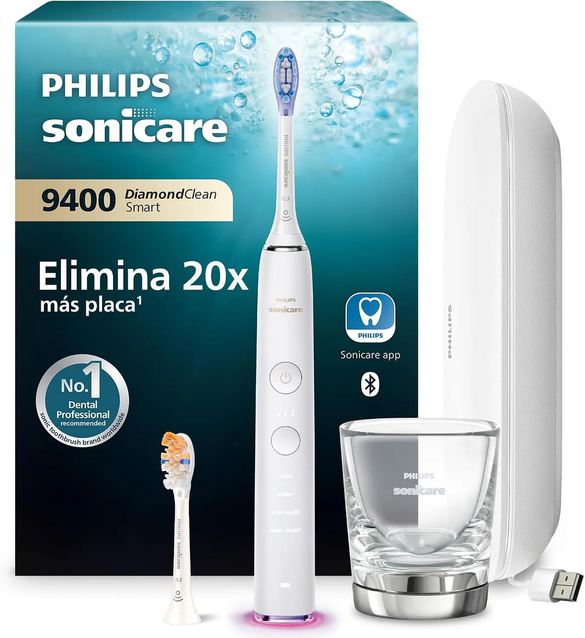 Cepillo de dientes eléctrico Philips Sonicare DiamondClean Smart 9400, cepillo dental eléctrico, con aplicación, sensor de presión, blanco