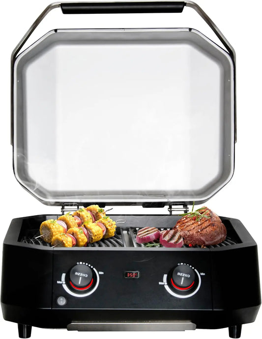 Barbacoa cozze E-500 Barbacoa eléctrica 2 zonas - 2100 W, 230 V, área 51 x 39 cm, termómetro digital, 2 resistencias inox SS430, mando con LED, negro