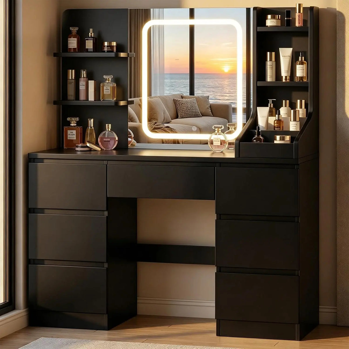Tocador Devoko Colección Serenoxa, Mesa de Maquillaje con LED Espejo 3 Colores Luz Ajustable, negro