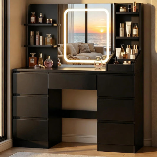 Tocador Devoko Colección Serenoxa, Mesa de Maquillaje con LED Espejo 3 Colores Luz Ajustable, negro