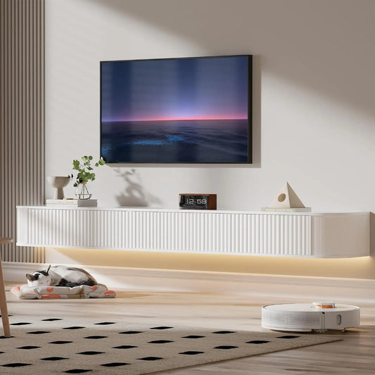 Mueble de tv PURFINO Flotante con Luz LED, Montado en Pared de 200CM con Almacenamiento Mejorado y Bordes Redondeados, gris