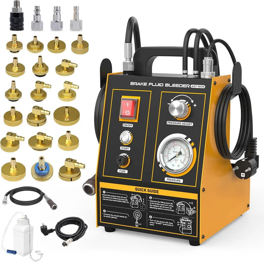 LUTIFIX AST605 - Purgador de frenos para coche, 220 V, automático, con 20 adaptadores, 0,7 ~ 2,5 bar, presión ajustable, amarillo