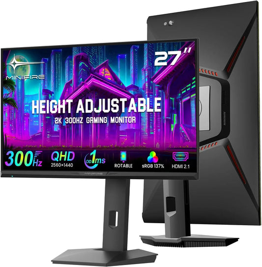 Monitor Minifire para juegos de 27 pulgadas, 300 Hz, QHD 2560 x 1440p, rotación vertical/horizontal, 1 ms, DCI-P3 90%, sRGB130%, negro