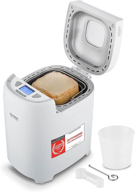 Panificadora TZS First Austria Eléctrica 900g - 13 Programas Automáticos - Control de Tostado - Temporizador y Función Mantener Caliente, blanco