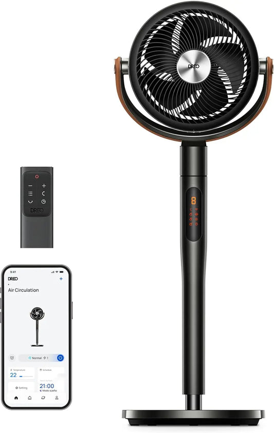Ventilador DREO Smart Ventilador de Pie Silencioso 25dB, 30M de Viento, 1650m³/h Volumen de Aire, Turbo Circulador, negro