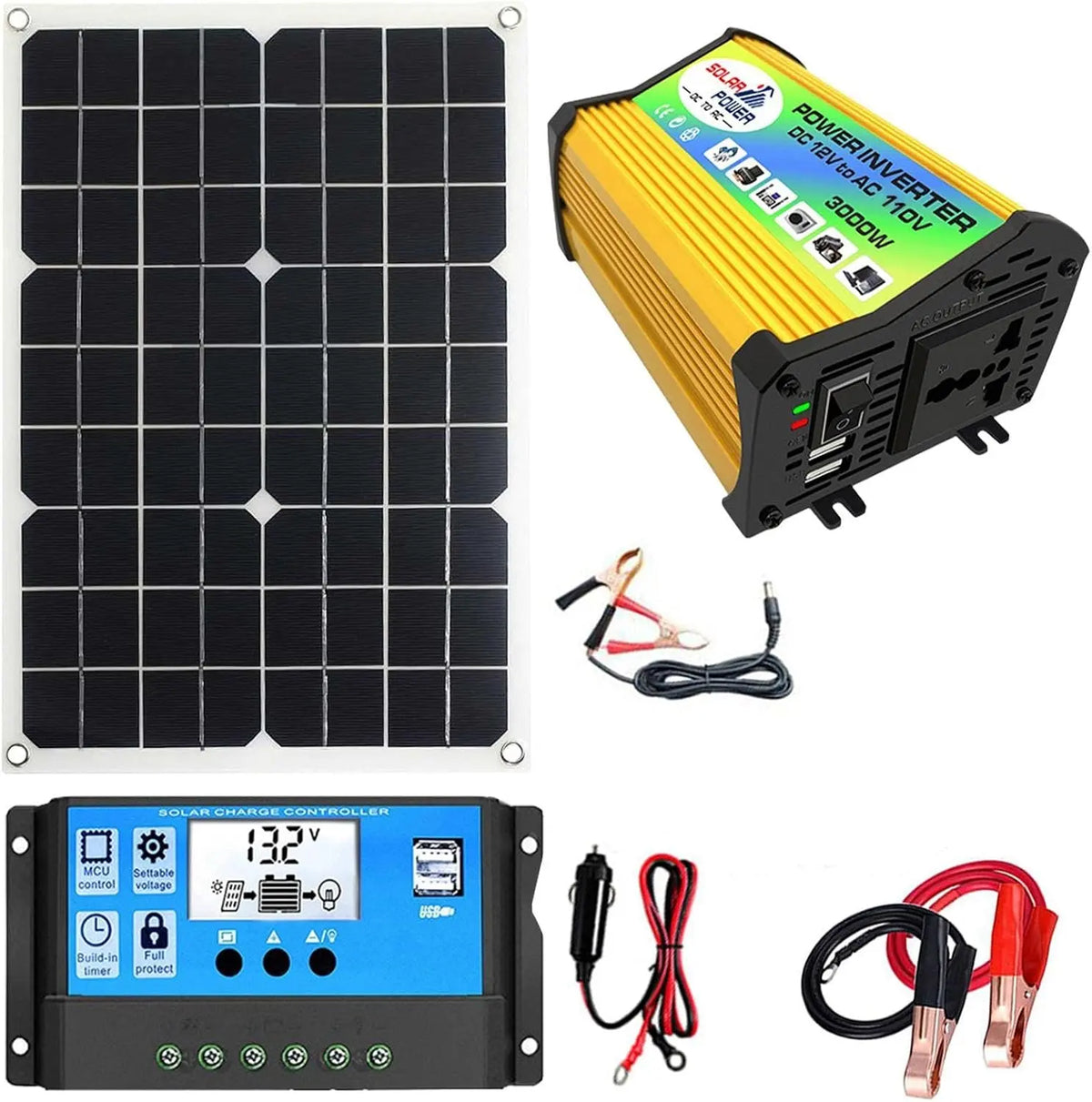 Generic Kit de panel solar con batería e inversor, panel solar impermeable de 3000, negro