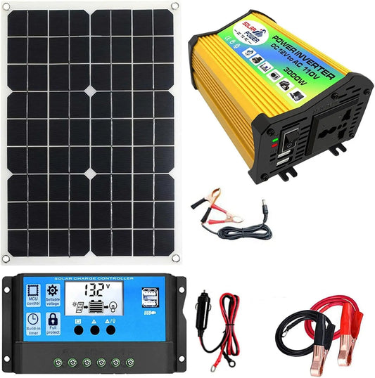 Generic Kit de panel solar con batería e inversor, panel solar impermeable de 3000, negro