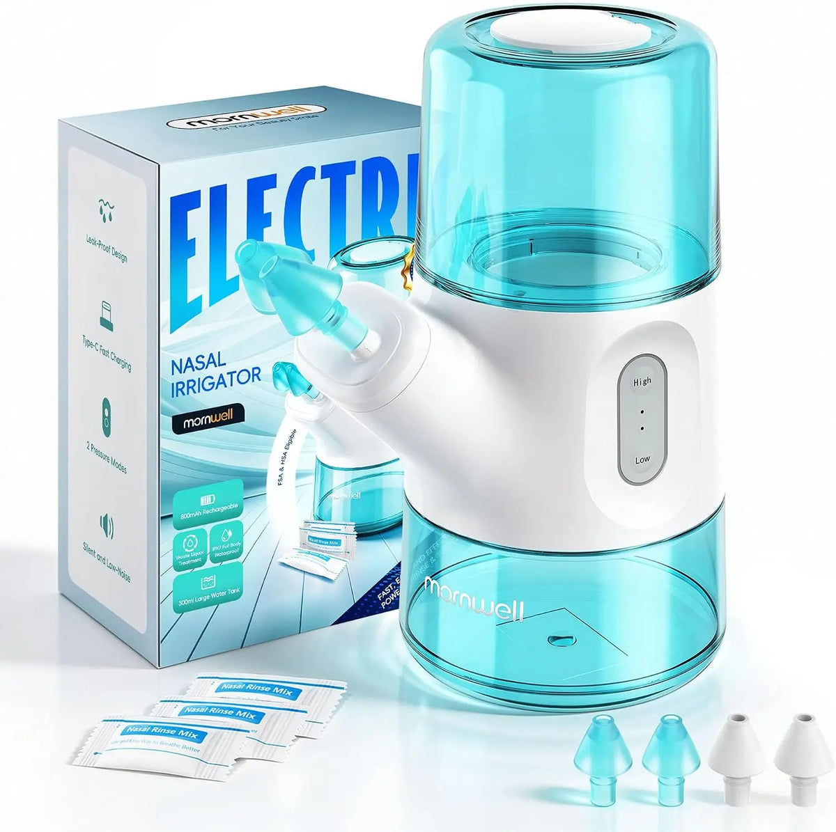 mornwell Irrigador Nasal Eléctrico, Lavado Nasal Depósito 300ml, turquesa
