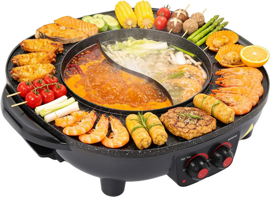 Barbacoa CHFUNE eléctrico Hot Pot und Grill, 2000 W eléctrico Multifunción, Capacidad 3L con Tapa Mango Interior Coreano BBQ Thai Barbacoa Fondue