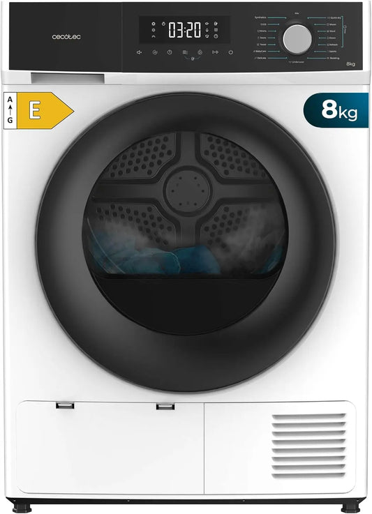 Secadora Cecotec de Ropa 8Kg Bomba de Calor Bolero Dresscode Dry 8330. Clase Equivalente A++, 15 Programas y Funciones como Secado Automático, blanco