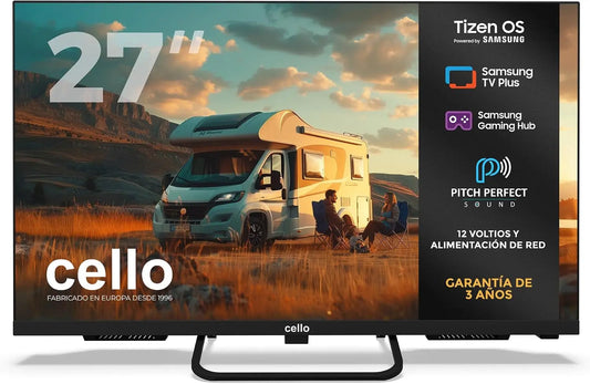 Televisor Cello CTRAV-27TZ TV Traveller Smart 12V de 27' con Tizen OS de Samsung, recepción por satélite, para juegos Hub, Altavoces Pitch, negro