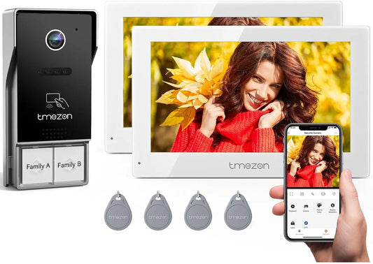 Videoportero TMEZON WiFi 2 Hilos, Video Portero Automático 1080P, 7'Pantalla Táctil a Color, Visión Nocturna, Apertura por APP y Tarjeta, blanco