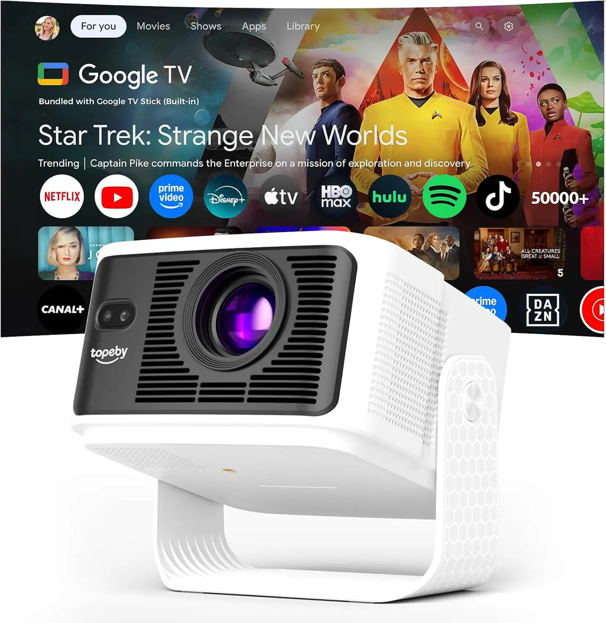 Proyector topeby 【Compatible con Google TV y 4K Support】700 ANSI Proyector Portátil, negro