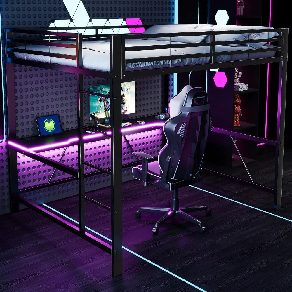 Escritorio Sapgaks Cama entrepiso de 1 plaza de 160 x 200 cm, litera infantil con escritorio e iluminación LED, negro