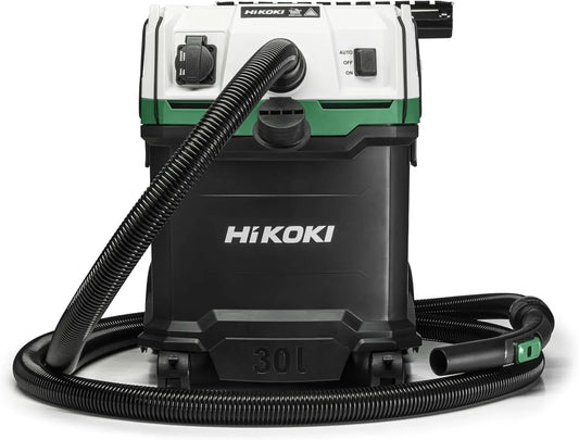 Aspiradora HIKOKI en seco y húmedo - 1200 W, 30 L, clase M, compacta y ligera, limpieza manual del filtro, enchufe para herramientas eléctricas