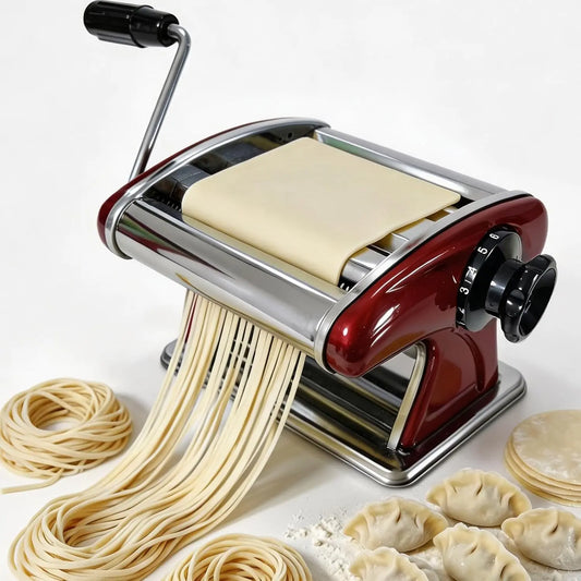 SHILINTONG Máquina Manual para Hacer Pasta - 6 Niveles Ajustables, Cortadores Dobles (2mm/4mm) para Espaguetis/Fettuccini, rojo