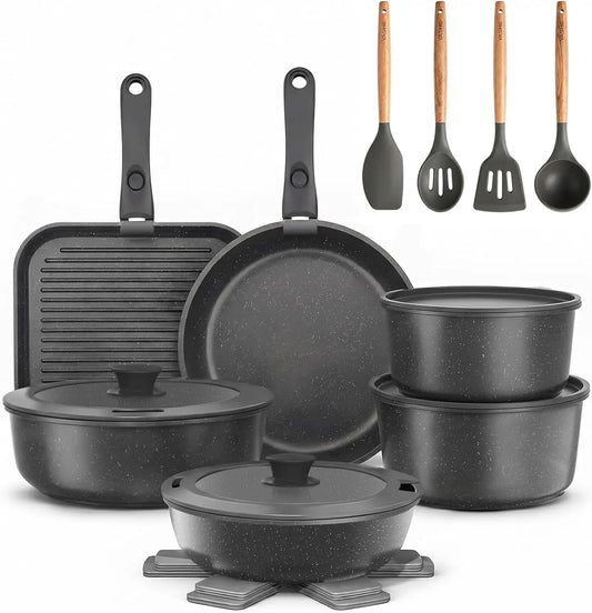 YASHE Batería de Cocina 21 Piezas, Inducción, Atóxica, sin PTFE ni PFAS, negro