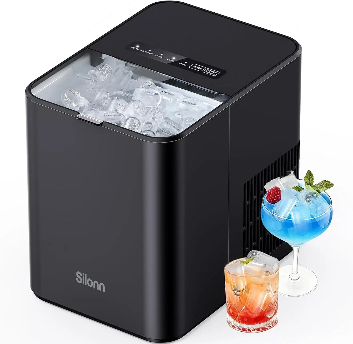 Silonn Máquina de cubitos de hielo pequeña, 8 cubitos de hielo en 6 min, 12 kg/24 H, 2 tamaños de hielo, portátil autolimpiante para cocina, negro