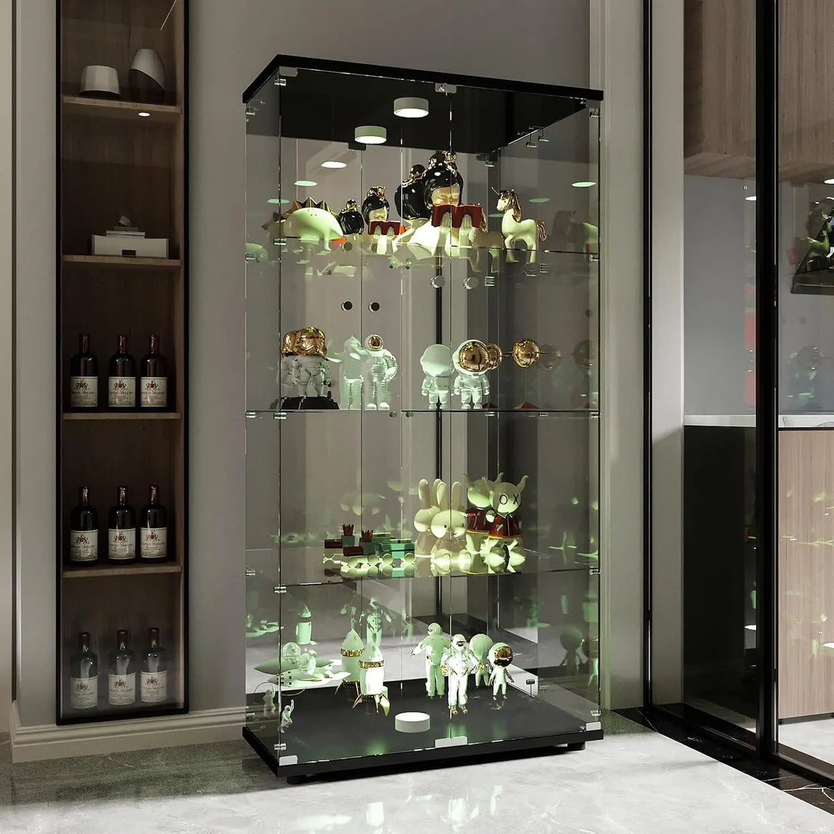Armario TIMORWTF vitrina de cristal con LED, armario vitrina para colección, 2 puertas con cerradura, 4 estantes y fondo espejo, negro