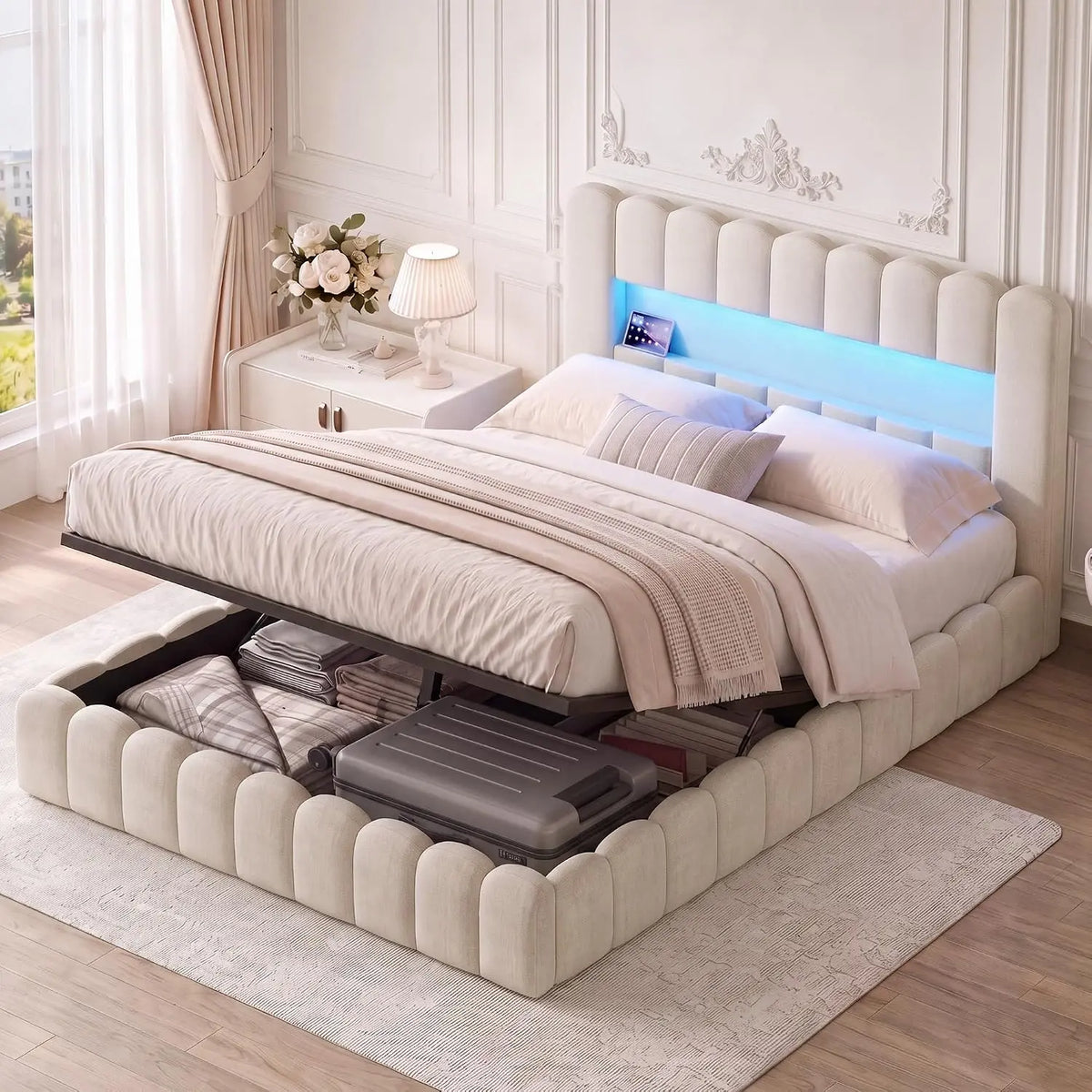 Colchón BPKADHY Cama tapizada de 140 x 200 cm con cajón, cama de 140 x 200 cm con espacio de almacenamiento hidráulico, cabecero con LED y USB, beis