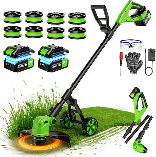 Desbrozadora Lacoco con batería de corte eléctrico inalámbrico con 8 bobinas de alambre, 2 x 3,0 Ah baterías, tamaño de hierba, ancho de corte, verde