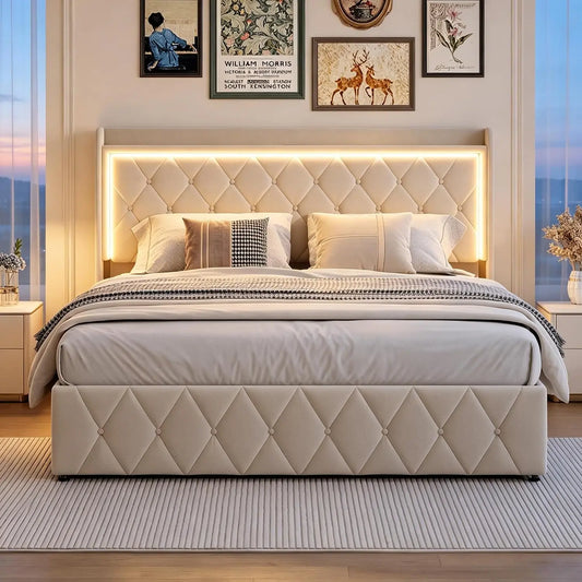 Cama YYXLDYNB de cabecera 160x200cm,Marco de Cama Doble con iluminación led y función de Carga USB,Cama de Caja Fuerte 160x200cm con Espacio, beis