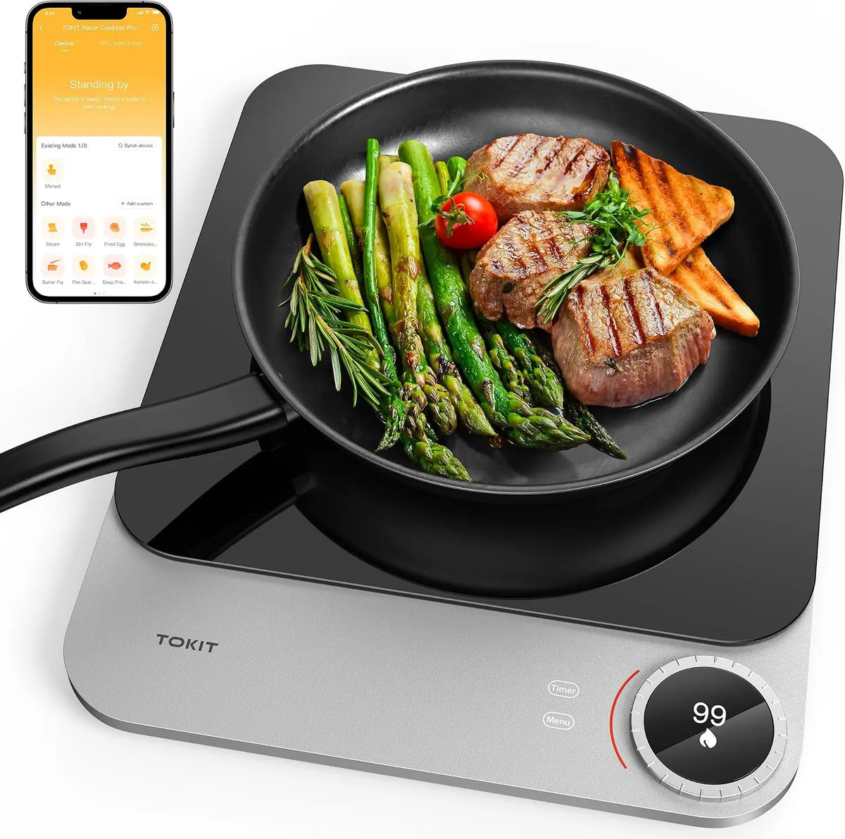 Placa de cocina TOKIT Placa De Inducción Ultrafino De 20 Mm, Foco De 99 Niveles, Mando+Control Táctil, 2100 W, Con Pantalla OLED, Temporizador, negro