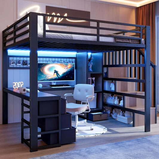 Escritorio Sapgaks Cama alta con LED de 140 x 200 cm, cama doble con marco de hierro con escritorio y 4 cajones, azul