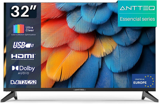 Televisor Antteq Essential Series TV 32 Pulgadas (81cm) HD, Triple Tuner (DVB-T/DVB-T2/DVB-C/S2), H.264/AVC, H.265/HEVC，USB-Media Player, HDMI, negro