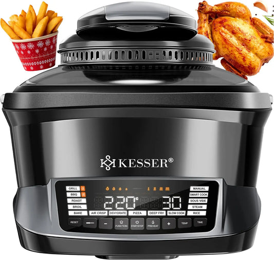 Freidora de aire KESSER Multicocina con freidora de aire caliente, 8 L y 16 programas, dispositivo de cocina - Grillen, hornear, guisar, negro