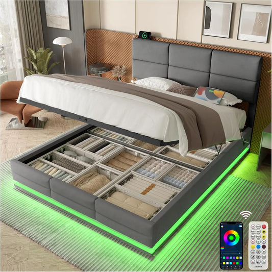 Cama Lubvtti acolchada con LED y puertos USB y Type-C, cama de matrimonio con compartimento hidráulico y cabecero ajustable en altura, gris
