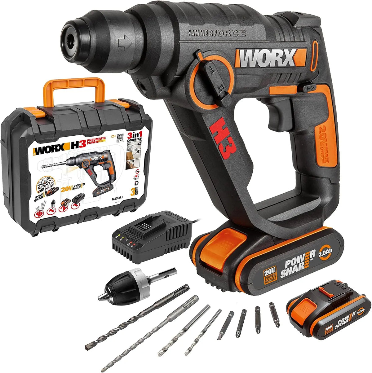 WORX WX390.1 Martillo SDS-Plus 20V 1,2J 2 Baterías Maletín, negro