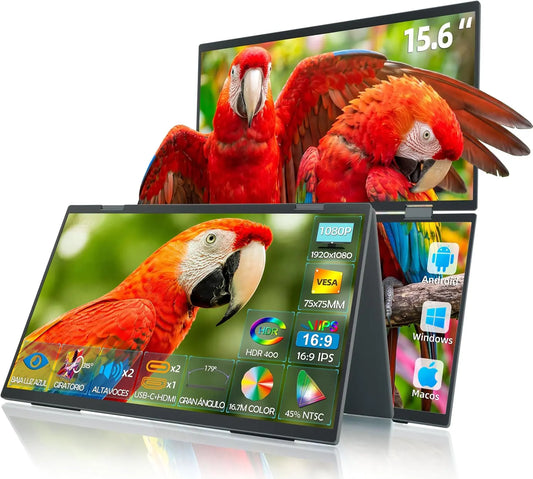 Monitor XJCIX 15,6' Triple Monitor Portátil IPS 1080P FHD MAX 1920x2160 USB-C HDMI Plug y Play Extensor Laptop Monitor Extendido para Viaje, negro