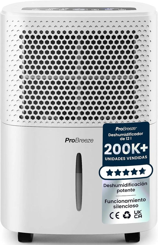 Deshumidificador Pro Breeze Silencioso 12L, Depósito Extraíble y Desagüe Continuo, 3 Modos, Temporizador 24h, Sensor de Humedad, gris