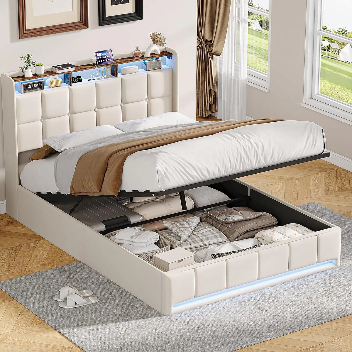 Cama BSCFHCZ tapizada de 160 x 200 cm con iluminación LED y función de carga USB, gris