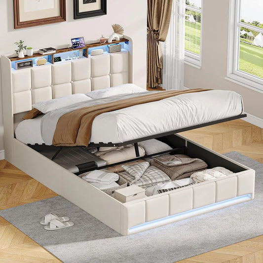 Cama BSCFHCZ tapizada de 160 x 200 cm con iluminación LED y función de carga USB, gris