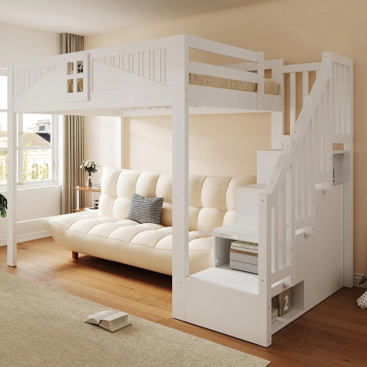 Cama Crlnaup alta de madera maciza, 140 x 200 cm, con rejilla de seguridad única con ventana, blanco