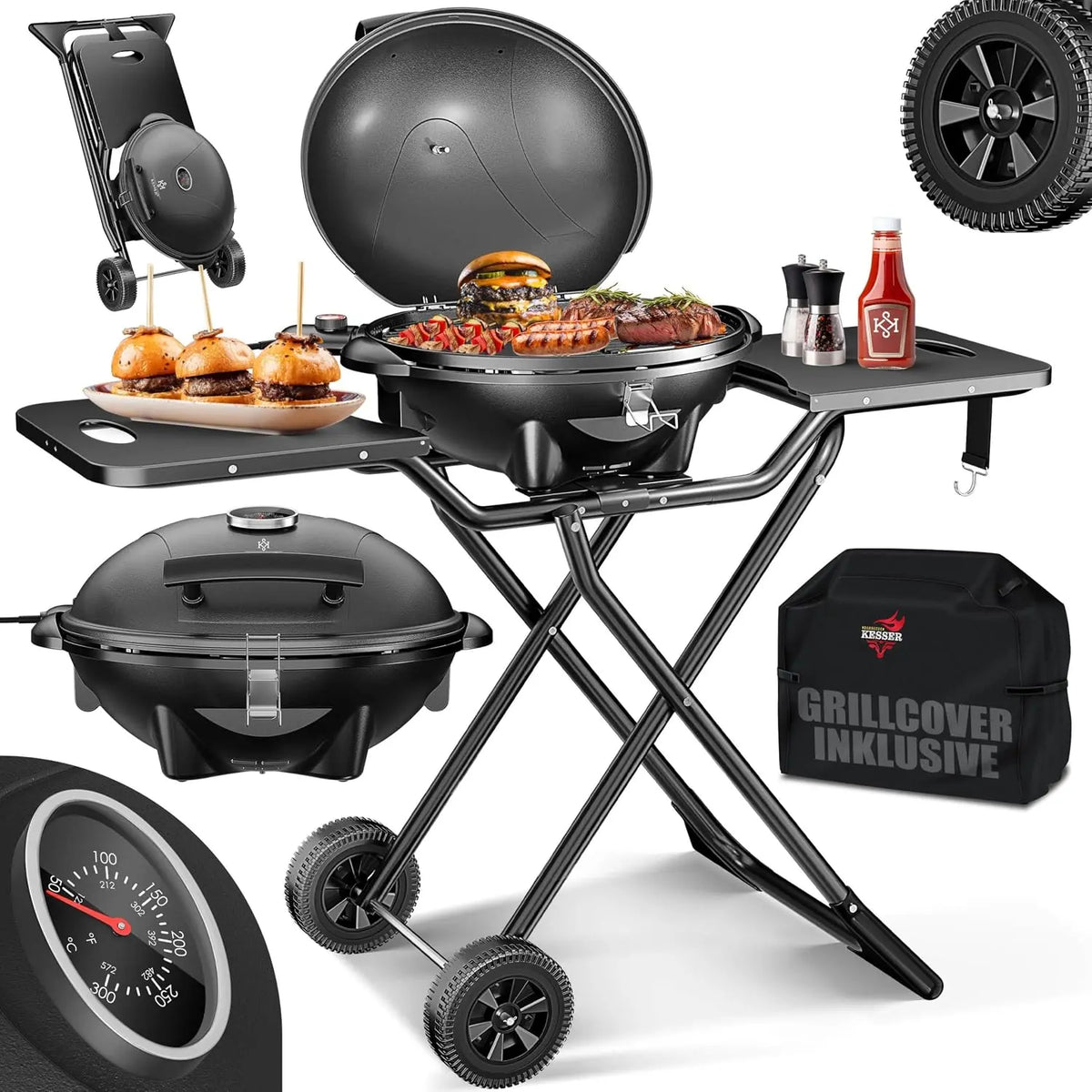 Parrilla eléctrica KESSER 2 en 1, parrilla de mesa y soporte con tapa y soporte, 2400 W, termostato, revestimiento antiadherente, negro
