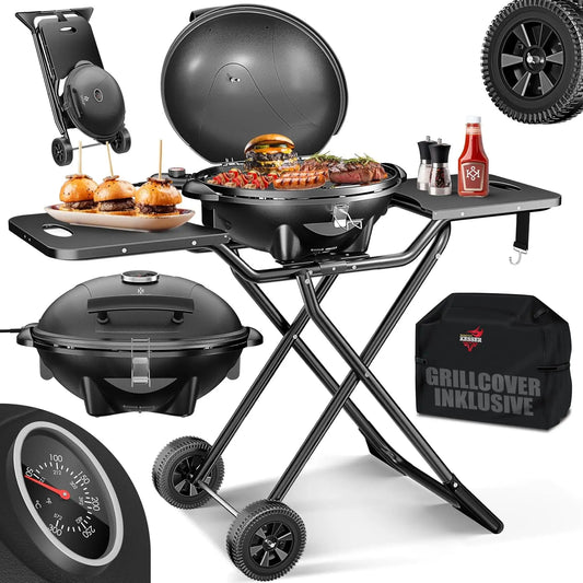 Parrilla eléctrica KESSER 2 en 1, parrilla de mesa y soporte con tapa y soporte, 2400 W, termostato, revestimiento antiadherente, negro