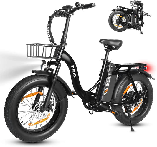 Batería de moto ESKUTE Bicicleta Eléctrica Plegable para Adultos D202 Pro, Fat Bike 20×4.0 con Cesta Delantera, Batería Extraíble 48V 20,8Ah, negro