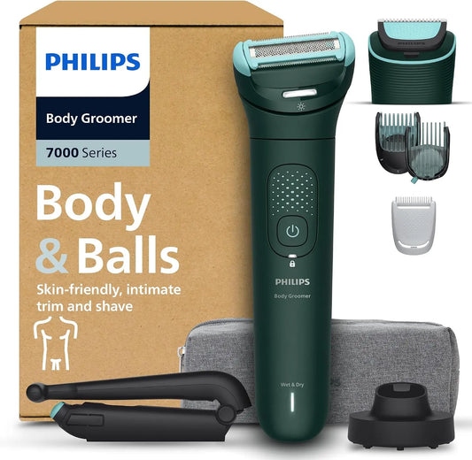 Depiladora Philips Afeitadora Corporal Serie 7000, Masculina, cabezal 2D Triple Protección, Recorta y Depila Zona Íntima y Espalda, amarillo