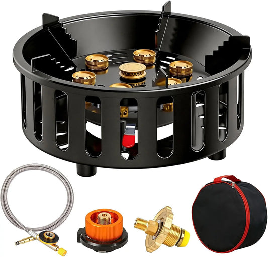 Calefactor Aisny Estufa Camping 16800W Con 3 Adaptadores, Prueba Viento, Encendido Piezoeléctrico, Bolsa Transporte, negro