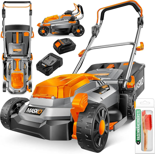 Batería de litio Masko Cortacésped con función de mantillo, Incluye Batería de Ion de Litio de 4 Ah y Cargador Doble, Ancho de Corte de 33 cm, gris