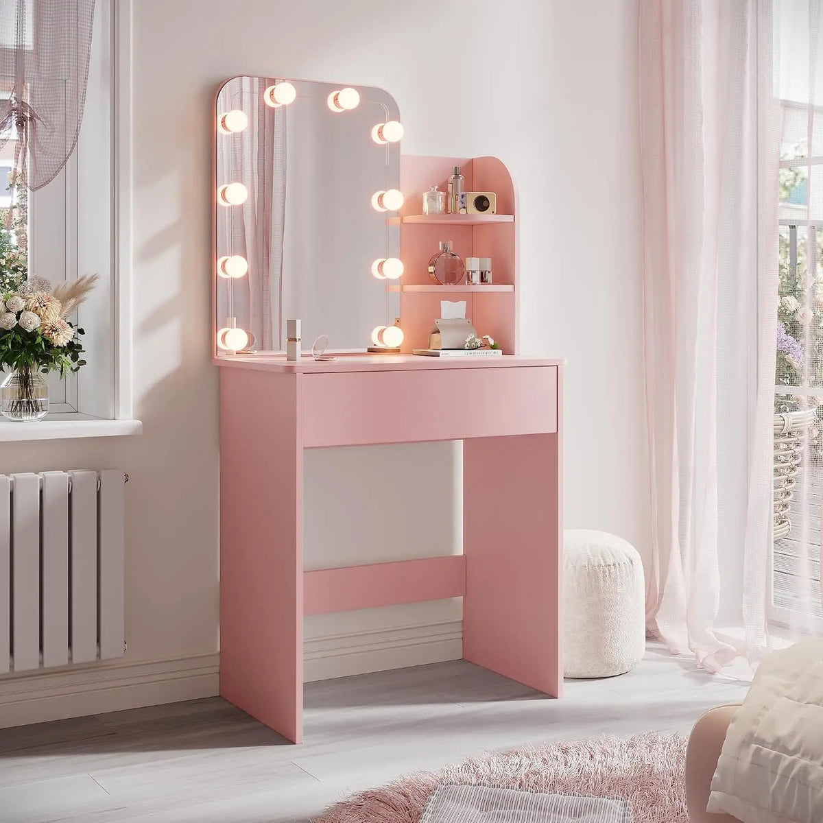 Tocador SUNXURY infantil con iluminación LED, con espejo y cajón, para niñas, princesa, tocador, color rosa, 700 x 400 x 1400 mm